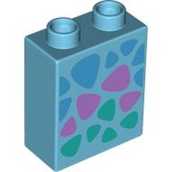 LEGO part 76371pr9892 Duplo Brick 1 x 2 x 2 with Bottom Tube, Dark Azure, Medium Lavender, and Dark Turquoise Triangular Spots Print in Medium Azure
