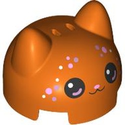 LEGO part 5690pr0001 Brick Round 2 x 2 Dome Top with 2 Ears with Cat Face, Bright Pink Nose, Black Eyes, Pink Dots print in Reddish Orange
