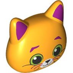 LEGO part 7415pr0001 Minidoll Head Special, Cat with Bright Green Eyes, White Nose, Magenta Ears, Eyebrows print in Flame Yellowish Orange/ Bright Light Orange