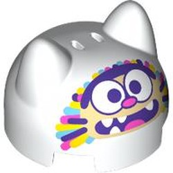 LEGO part 5690pr0002 Brick Round 2 x 2 Dome Top with 2 Ears with Tan Cat Face, Whjite Eues, Dark Pink Nose, Dark Purple Eyebrows, Mouth, Yellow/Medium Blue/Dark Pink/Dark Purple Streaks print in White
