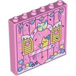 LEGO part 59349pr0035 Panel 1 x 6 x 5 with Wooden Wall, Window, Bright Light Yellow Shutters, Cat, Lights, Snow print in Light Purple/ Bright Pink