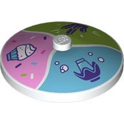 LEGO part 3960pr0061 Dish 4 x 4 Inverted [Radar] with Cupcake on Bright Pink Field, Fries on Lime Field, Flower on Bright Light Blue Field print in White