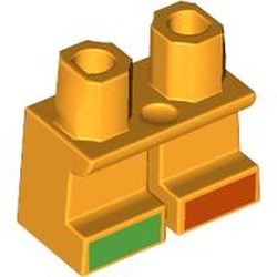 LEGO part 41879apr0006 Legs Short with Bright Green/Reddish Orange Toes print in Flame Yellowish Orange/ Bright Light Orange