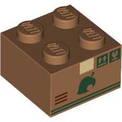 LEGO part 3003pr0060 Brick 2 x 2 with Card Board Box, Dark Green Labels, Leaf, Stripes print in Medium Nougat
