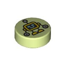 LEGO part 98138pr0440 Tile Round 1 x 1 with Toy Robot print in Spring Yellowish Green/ Yellowish Green