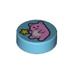 LEGO part 98138pr0441 Tile Round 1 x 1 with Pink Bear, Star print in Medium Azure