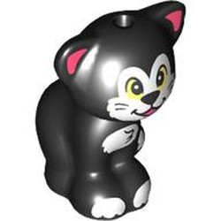 LEGO part 11602pr0011 Animal, Cat, Sitting with White Face, Chest, Paws, Bright Light Yellow Eyes, Coral Ears print in Black