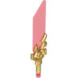 LEGO part 7182pat0001 Weapon Sword, Broad with Trans-Red Blade pattern in Warm Gold/ Pearl Gold