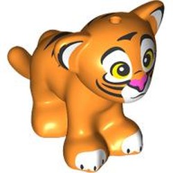 LEGO part 14734pr0007 Animal, Big Cat Cub with Black Stripes, White Ears, Paws, Face, Bright Light Yellow Eyes, Dark Pink Nose print in Bright Orange/ Orange