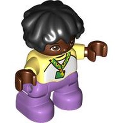 LEGO part 38909pr0003 Duplo Figure Child with Short Wavy Hair Black, Sunflower Lanyard, Medium Lavender Legs in Cool Yellow/ Bright Light Yellow
