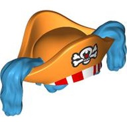 LEGO part 112401pr0001 Hat, Pirate with Dark Azure Ponytails, White Skull and Bones print in Bright Orange/ Orange