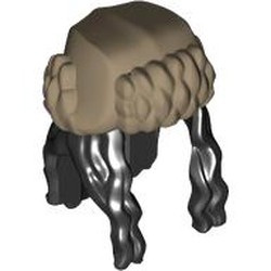 LEGO part 7493pat0001 Hat, Ushanka with Long Hair Black pattern in Sand Yellow/ Dark Tan