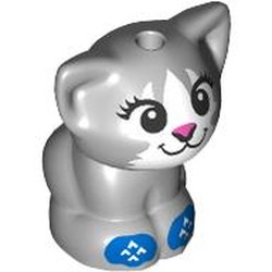 LEGO part 69902pr0005 Animal, Cat, Kitten Sitting with White Face, Dark Pink Nose, Blue Socks print in Medium Stone Grey/ Light Bluish Gray
