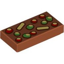 LEGO part 3069bpr9902 Tile 1 x 2 with Bright Light Yellow, Bright Green, Red Fruitcake print in Dark Orange