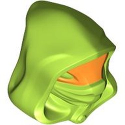 LEGO part 111188pat0001 Minifig Head Special, Hood with Orange Face, Lime Eyes pattern (Frak) in Bright Yellowish Green/ Lime