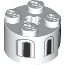 LEGO part 3941pr0009 Brick Round 2 x 2 with Axle Hole with Dark Bluish Grey/Black Windows print in White