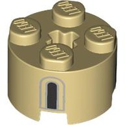 LEGO part 3941pr0010 Brick Round 2 x 2 with Axle Hole with Dark Bluish Grey/Black Window print in Brick Yellow/ Tan