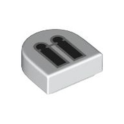 LEGO part 24246pr0055 Tile Round 1 x 1 Half Circle with Black/Light Bluish Grey Windows print in White
