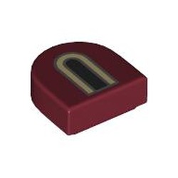 LEGO part 24246pr0056 Tile Round 1 x 1 Half Circle with Black/Tan Windows print in Dark Red