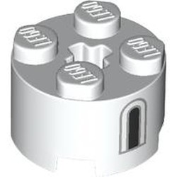 LEGO part 3941pr0011 Brick Round 2 x 2 with Axle Hole with Dark Bluish Grey/Black Window print in White