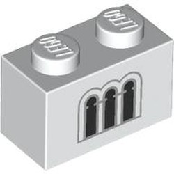 LEGO part 3004pr0121 Brick 1 x 2 with Light Bluish Grey/Black Windows print in White