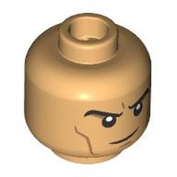 LEGO part 28621pr9602 Minifig Head Miguel O'Hara, Black Eyebrows, Nougat Lines, Mean Smile / Angry Scowl in Warm Tan