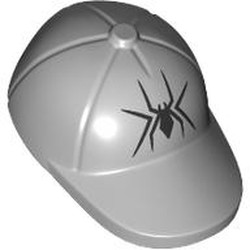 LEGO part 7314pr0001 Hat / Cap Short Curved Bill Pulled Down with Seams and Black Spider print in Medium Stone Grey/ Light Bluish Gray