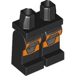LEGO part 970c03pr0070 Hips and Black Legs with Orange Knees, Dark Bluish Grey Kneepads print in Black