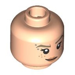 LEGO part 28621pr9605 Minifig Head Gwen Stacy, Dark Tan Eyebrows, Silver Dots, Freckles, Nougat Lips, Lopsided Smile / Scowl, Gap in Teeth in Light Nougat