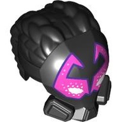 LEGO part 7416pr0001 Mask with Hair, Two Thick Braids, Dark Pink Visor, White Eyes, Dark Purple Trim print in Black