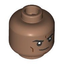 LEGO part 28621pr9606 Minifig Head Miles G. Morales (Prowler), Black Eyebrows, Reddish Brown Lines, Stern Smile in Medium Brown