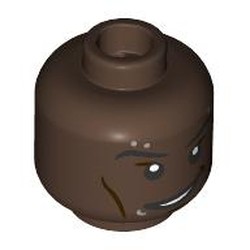 LEGO part 28621pr9608 Minifig Head Hobie Brown, Black Eyebrows, Silver Piercings, Lopsided Smile / Raised Eyebrow in Umber Brown
