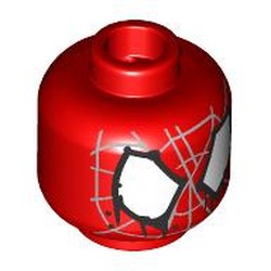 LEGO part 28621pr9607 Minifig Head Hobie Brown, Silver Disorganized Spider Webbing, White Eyes with Dripping Black Border in Bright Red/ Red