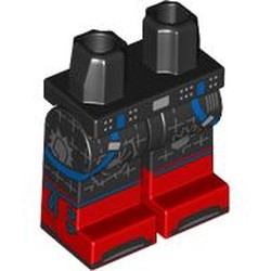LEGO part 970c03pat22pr0001 Hips with Black Legs and Red Boots Pattern with Silver Belt, Blue Straps, Laces, Silver Pins, Dark Bluish Grey Patches, Spider print in Black