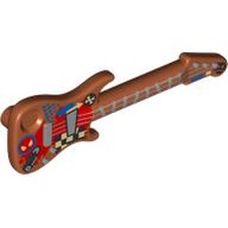 LEGO part 11640pr0007 Musical Instrument Guitar Electric with Silver Strings, Frets, Black/White Squares, Face, Crossed Bones, Spider Face, Blue Dots, Red Board print in Dark Orange