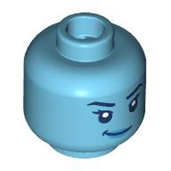 LEGO part 28621pr9597 Minifig Head Margo Kess, Dark Blue Eyebrows, Eyes, Blue Lips, Smirk / Scared in Medium Azure