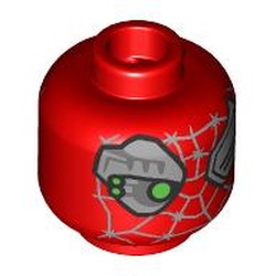 LEGO part 28621pr9599 Minifig Head Petra Parker, Silver Eye, Cyborg Eye with Green Light, Spider Webbings with Barbs in Bright Red/ Red
