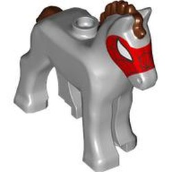 LEGO part 82445pr0005 Animal, Foal with Reddish Brown Mane, Tail, Red Spider-Man Mask print (Widow / Spider-Horse) in Medium Stone Grey/ Light Bluish Gray