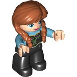 LEGO part 53040pr0002 Duplo Figure with Two Braids Dark Orange, Black Legs, Filigree Design Print (Anna) in Light Royal Blue/ Bright Light Blue