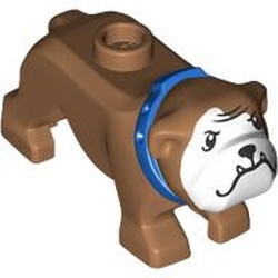 LEGO part 65388pr0004 Animal, Dog, Bulldog with White Face, Fangs, Blue Collar print in Medium Nougat