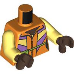 LEGO part 973c44h80pr0001 Torso, Bright Light Yellow Arms, Umber Brown Hands with print in Bright Orange/ Orange