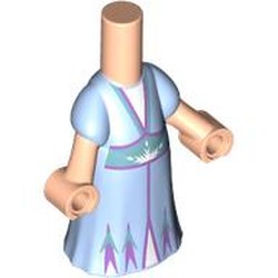 LEGO part 65203pr0014 Microdoll Body Long Dress Bright Light Blue with Sand Green Belt, Lavender Trim print in Light Nougat
