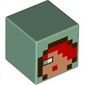 Minifig Head Special, Cube with Pixelated Medium Nougat Dace, Red Hair, Olive Green Eye, Dark Brown Hood print