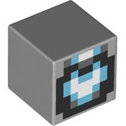 LEGO part 19729pr0100 Minifig Head Special, Cube with print in Medium Stone Grey/ Light Bluish Gray