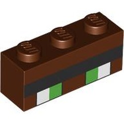 LEGO part 3622pr0082 Brick 1 x 3 with Pixelated Bright Green/White Eyes, Black Eyebrow print in Reddish Brown