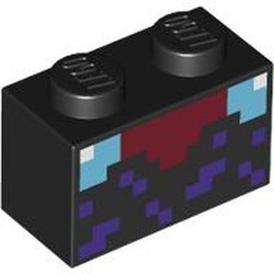 LEGO part 3004pr0116 Brick 1 x 2 with Pixelated Medium Azure Eyes, Dark Red Noes, Dark Purple Pixels print in Black