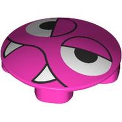 LEGO part 2654pr0033 Plate Round 2 x 2 with Rounded Bottom [Boat Stud] with Face, White Eyes, Fangs print (Caterkiller) in Bright Purple/ Dark Pink