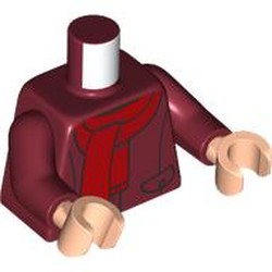 LEGO part 973c10h02pr0009 Torso, Coat, Red Scarf print, Dark Red Arms, Light Nougat Hands in Dark Red