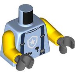 LEGO part 973c01h12pr0002 Torso, White Police Badge, Dark Blue Suspenders, Black Stains print, Yellow Arms, Dark Bluish Gray Hands in Light Royal Blue/ Bright Light Blue