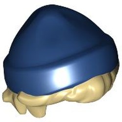 LEGO part 5492pat0003 Hair and Hat, Short Hair and Beanie Dark Blue pattern in Brick Yellow/ Tan